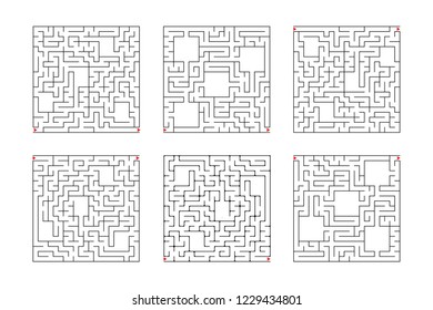 A set of square mazes. Game for kids. Puzzle for children. One entrances, one exit. Labyrinth conundrum. Flat vector illustration isolated on white background.
