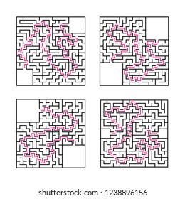A set of square mazes. Game for kids. Puzzle for children. One entrances, one exit. Labyrinth conundrum. Flat vector illustration isolated on white background. With answer. With place for your image.