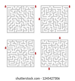 A set of square mazes. Game for kids. Puzzle for children. Labyrinth conundrum. Flat vector illustration isolated on white background.