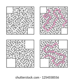 A set of square mazes. Game for kids. Puzzle for children. One entrances, one exit. Labyrinth conundrum. Flat vector illustration isolated on white background. With answer. With place for your image.