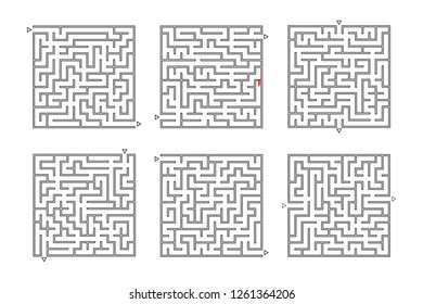 A set of square mazes. Game for kids. Puzzle for children. Labyrinth conundrum. Flat vector illustration isolated on white background.