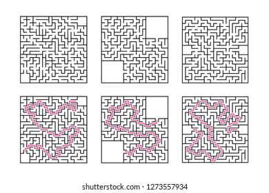 A set of square mazes. Game for kids. Puzzle for children. One entrances, one exit. Labyrinth conundrum. Flat vector illustration isolated on white background. With answer. With place for your image.