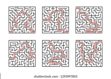 A set of square mazes. Game for kids. Puzzle for children. Labyrinth conundrum. Flat vector illustration isolated on white background. With answer.