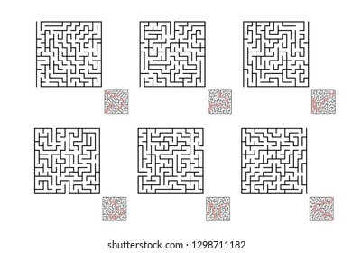 A set of square mazes. Game for kids. Puzzle for children. Labyrinth conundrum. Flat vector illustration isolated on white background. With answer.