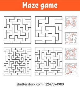 A set of square mazes of various levels of difficulty. Puzzle for children. One entrances, one exit. Labyrinth conundrum. Flat vector illustration isolated on white background. With answer