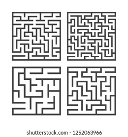 A set of square mazes of various levels of difficulty. Game for kids. Puzzle for children. One entrances, one exit. Labyrinth conundrum. Flat vector illustration isolated on white background