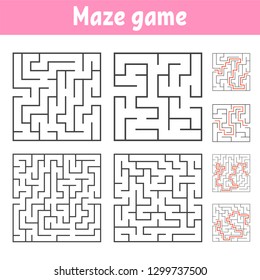 A set of square mazes of various levels of difficulty. Puzzle for children. One entrances, one exit. Labyrinth conundrum. Flat vector illustration isolated on white background. With answer