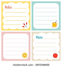 Set Of Square Memo Notepads With Cute Hand Drawn Illustrations. 