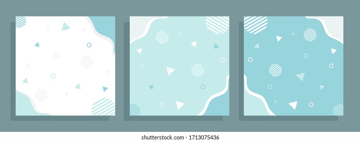 Set of square Memphis style pattern background with pastel color (white, tosca and grey) for social media banner