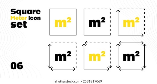 Conjunto de iconos de metro cuadrado en un estilo moderno en colores negro y amarillo. Se puede utilizar para aplicaciones de bienes raíces, arquitectura y medición. Ilustración vectorial