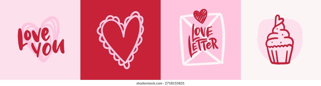 Set of square minimal Valentine's Day cards. Trendy minimalist posters with typography design, heart, love letter, lettering, cupcake for Valentine's Day party, banner, ads, cover, sale, social media.