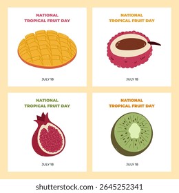 Set of square minimalistic banners for National Tropical Fruit Day with exotic fruits. Cartoon clipart of cut mango, pomegranate, kiwi, lychee for social media post, website banner, promotion.
