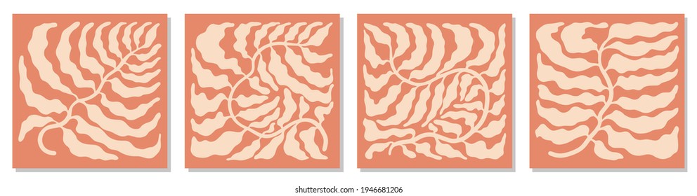 Set with square modern  aesthetic leaf prints in boho style isolated on white in mid century style. Trendy vector illustration for social networks in retro boho style in a natural earthy palette