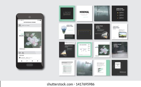 Set of square modern blog posts .Editable simple blur banner shop, trendy covers idea. Slides for app, web digital style. Cards handpicked beauty screen. Technology collection. 