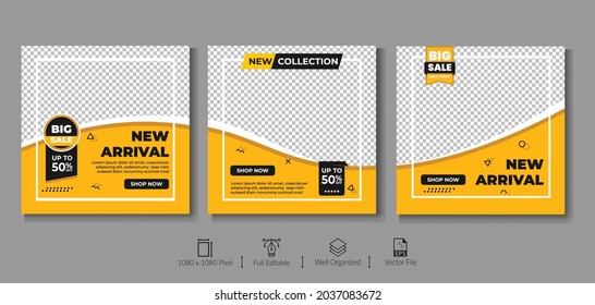 Set of square modern promotion web banners for social media. Suitable for social media posts and web internet ads. Black and Yellow color.