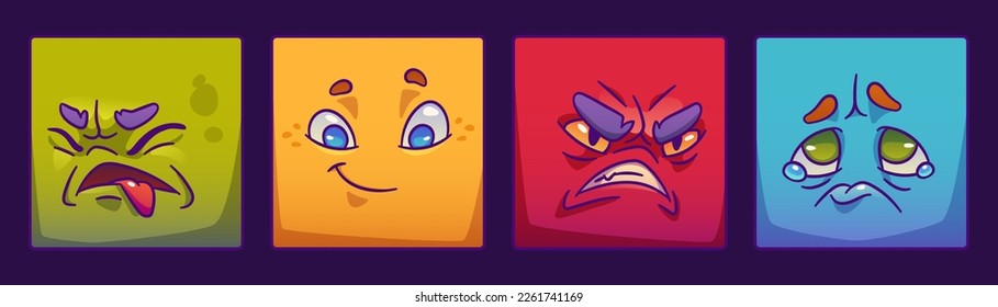 Set of square monster face for player avatar in game. Cartoon emotion expression on stickers in vector. Funny alien character clipart collection with happy, angry and upset mood, cry, eyes with tears