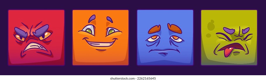 Set of square monster face for player avatar in game. Cartoon emotion expression on stickers in vector. Funny alien character clipart collection with happy, angry and upset or sad mood, eyes and brows