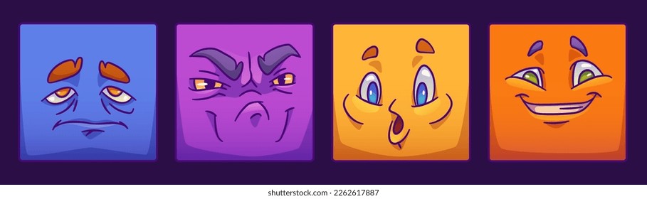 Set of square monster face for player avatar in game. Cartoon emotion expression on stickers in vector. Funny alien character clipart collection with happy, angry and upset or sad mood, eyes and brows