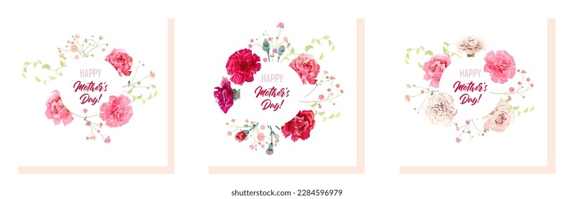 Set of square Mother's Day cards with carnation: white, pink, red flowers, gypsophile twigs, round white background. Template for design, realistic botanical illustration in watercolor style, vector