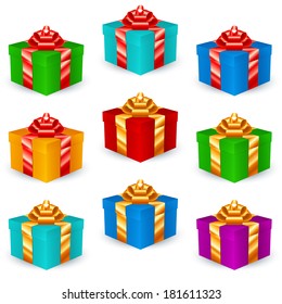 Set of Square multicolored gift boxes with red ribbons and bows; Eps8