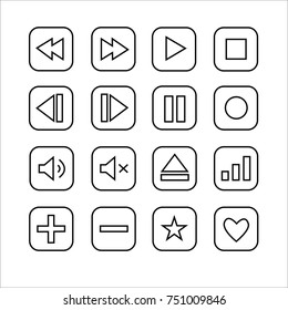 Set of square music player outlined vector icons