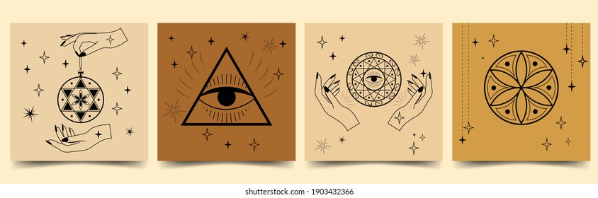 Set of square mystical templates for print, social networks, posters, brochures. Cards with esoteric symbols - silhouette of hands, stars, amulets. vector