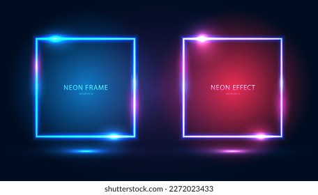 A set of square neon frames with shining effects, highlights and inscriptions on a dark background. Futuristic modern neon glowing banners. Vector EPS 10.