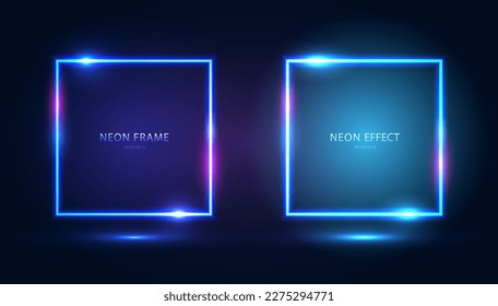 A set of square neon frames with shining effects, highlights on a dark blue background. Futuristic modern neon glowing banners. Vector EPS 10.