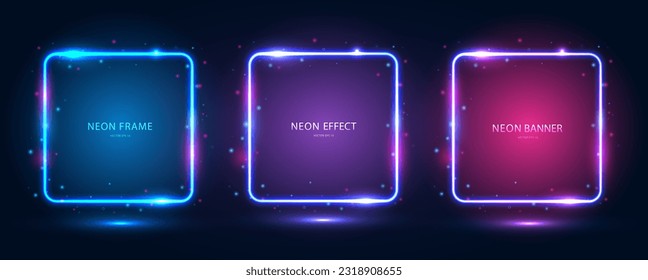 Un conjunto de marcos cuadrados de neón con efectos brillantes, resalta sobre un fondo azul oscuro. Pancartas de neón moderno y futurista. EPS vectorial 10.