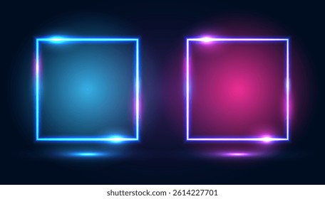 A set of square neon frames with shining effects, highlights on a dark blue background. Futuristic modern neon glowing banners. Vector illustration.