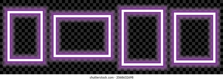 Set of square neon light on a transparent background. Neon frame for your design. Vector illustration.