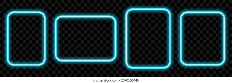 Set of square neon light on a transparent background. Neon frame design. Vector illustration.
