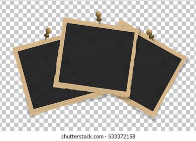 Set of square old vintage frames template on pins with shadows isolated on transparent background. Vector illustration