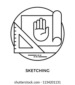 Set square on a paper with outline of a hand, commemorating sketching icon 