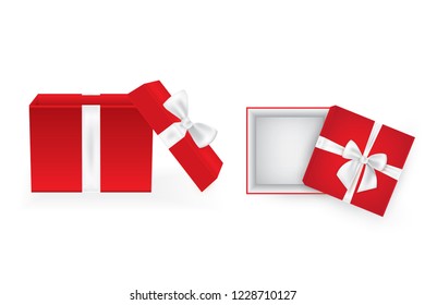 Set of square open gift boxes with satin ribbons and bows.