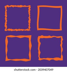 Set of square orange vector frames on blue background. Curved line, zigzags, angular jagged sharp shapes. Frames with corners and irregularities. Wavy edge. Halloween frame.