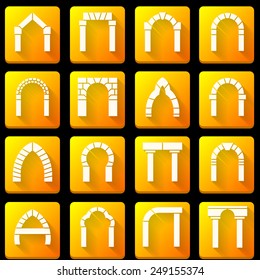 Set of square orange vector icons with white silhouette brick arch different types with shadow on black background.