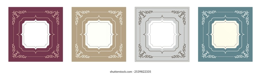 Set of square ornamental label frames. Vintage creative cards template with beautiful flourishes ornament elements. Decorative vintage frames, borders, corners. Vector illustration.