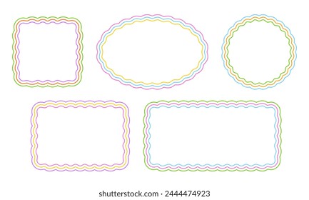 Set of square, oval, circle and rectangle frames with wiggly edges. Shapes with squiggly borders. Mirror, picture or photo vignettes, empty text boxes, tags or labels elements. Vector illustration.