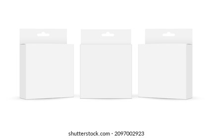 Set of Square Packaging Boxes With Hang Tab, Side and Front View, Isolated on White Background. Vector Illustration