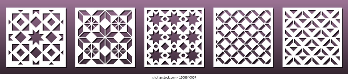 Set of square panels for laser cutting. Abstract geometric pattern, template for metal cut or wood carving, stencil or die, paper art, fretwork. Card background decoration, interior design. Vector