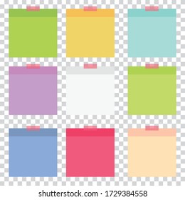 Set of square paper note stickers. Clorful text notepads for office and business. Vector illustration.