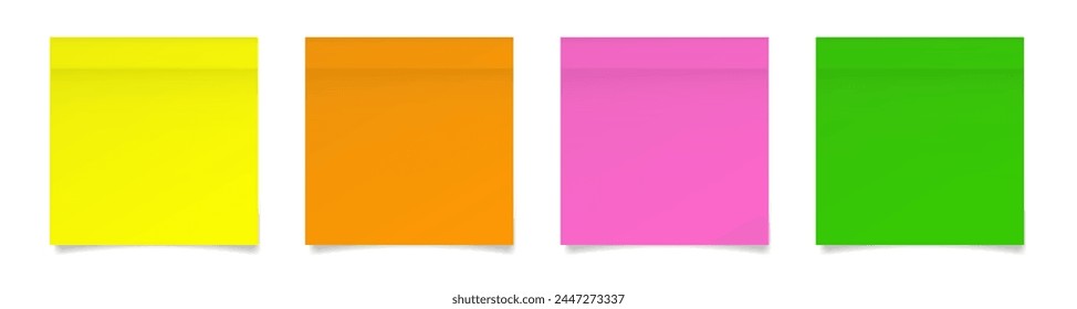 Set of square paper stickers. Stick in notes. Yellow, orange, pink and green neon colors. Multicolor post it notes. Sheets of paper. Tag, sticky note