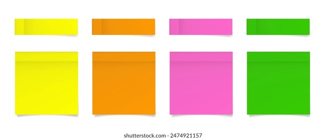 Set of square paper stickers. Stick in notes. Yellow, orange, pink and green neon colors. Multicolor post it notes. Sheets of paper. Tag, sticky note