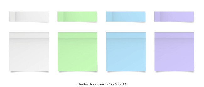 Set of square paper stickers. Stick in notes. White, green, blue and purple colors. Multicolor post it notes. Sheets of paper. Tag, sticky note	