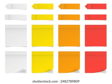Set of square paper stickers. Stick in notes. White, yellow, orange and red colors. Multicolor post it notes. Sheets of paper. Tag, sticky note. Pointed bookmarks