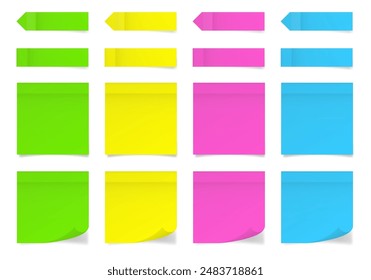 Set of square paper stickers. Stick in notes. Green, yellow, pink and blue colors. Multicolor post it notes. Sheets of paper. Tag, sticky note. Pointed bookmarks	
