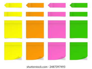 Set of square paper stickers. Stick in notes. Green, yellow, pink and orange colors. Multicolor post it notes. Sheets of paper. Tag, sticky note. Pointed bookmarks