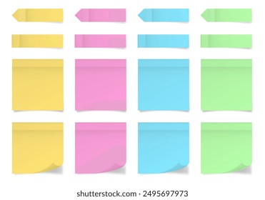 Set of square paper stickers. Stick in notes. Green, yellow, pink and blue colors. Multicolor post it notes. Sheets of paper. Tag, sticky note. Pointed bookmarks	