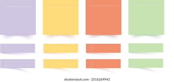 Conjunto de pegatinas de papel cuadrado. Pega notas. Colores blanco, verde, azul y púrpura. Multicolor post it anota. Hojas de papel. Etiqueta, nota adhesiva 